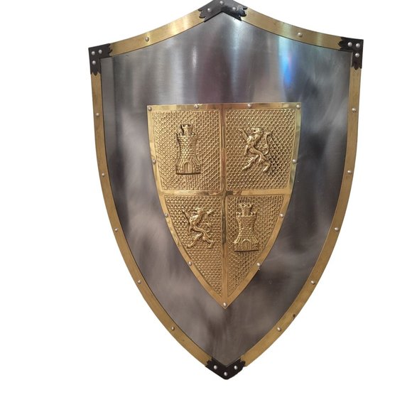 welded metal knights shield crests gold and metallic silver rivets wall decor - Picture 4 of 7